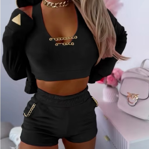 Gold Link Chain Matching 3 Piece Women’s Velvet Tank Top Jacket & Shorts - Picture 4 of 4